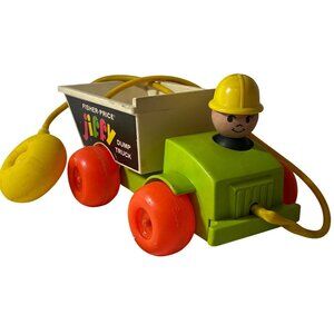 1970 Fisher Price Jiffy Dump Truck 156 Squeeze Bulb Pull Toy VTG